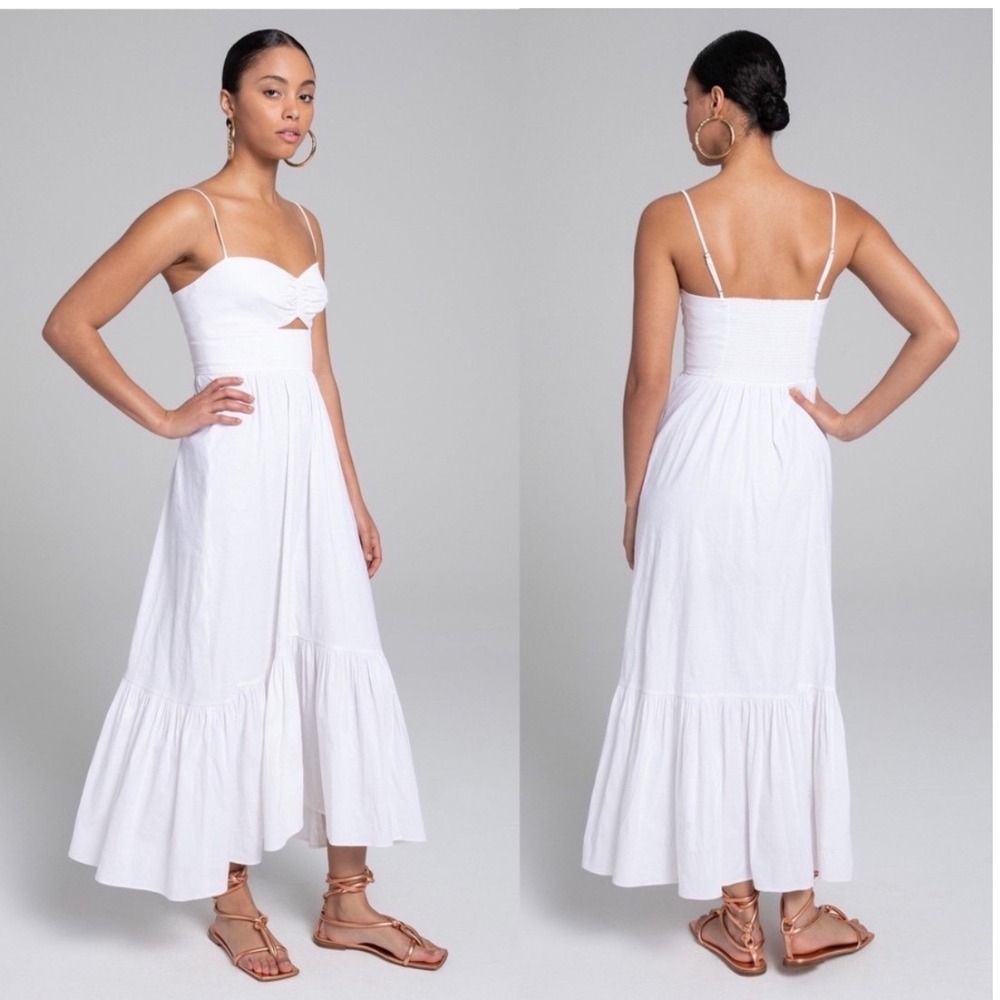 A.L.C. White Linen-Blend Ruched Cut-Out Tiered Midi Dress Size 2 6DRES01072